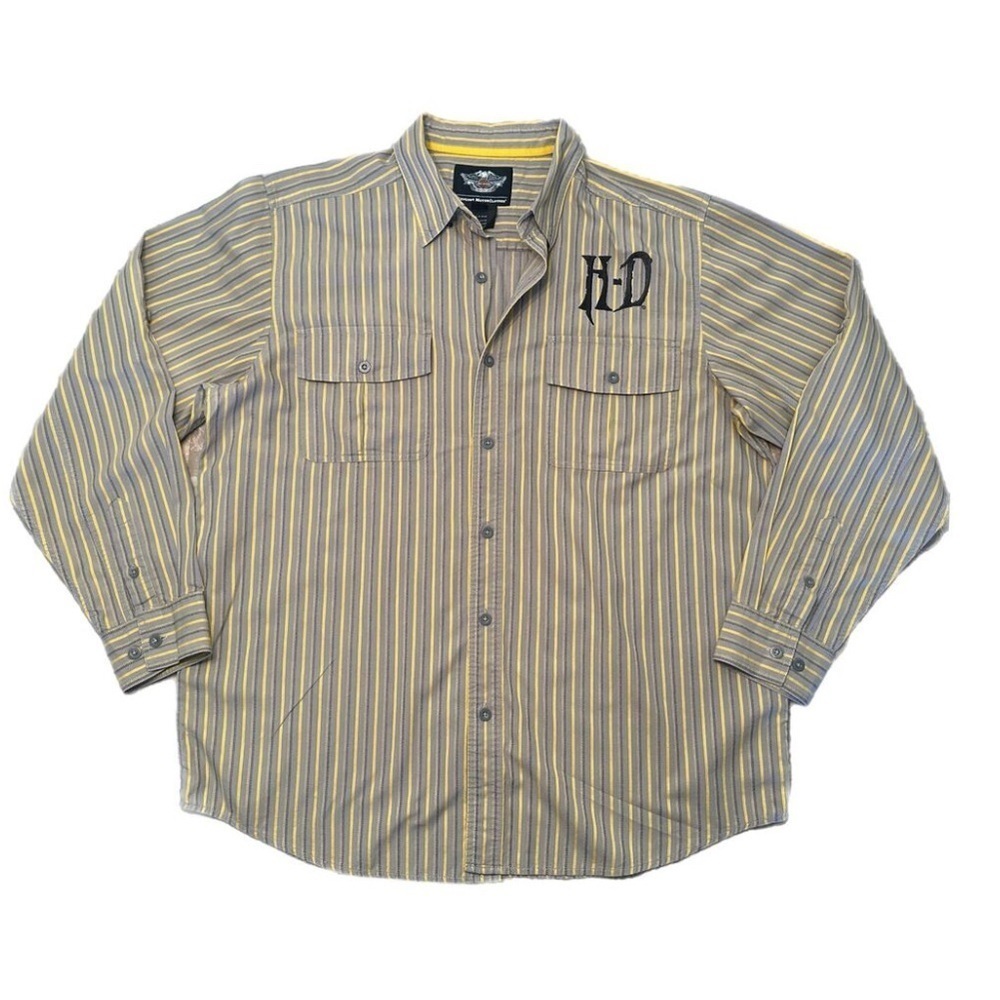 Harley Davidson y2k style embroidered striped casual button down 2XL. Bikercore